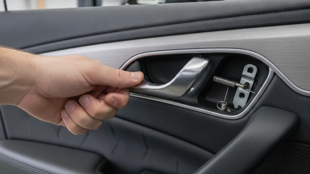 Hand pulling the interior handle on a modern car door with dark grey trim