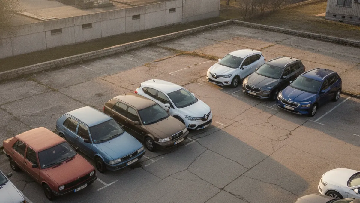 Parking sa starijim i novijim automobilima u kontrastu, stariji modeli sa vidljivim znakovima korištenja pored novijih kompaktnih SUV-ova