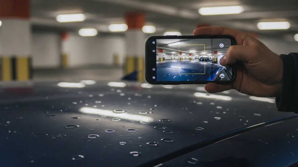 Ruka drži telefon i fotografiše udubljenja od tuče na krovu tamnog automobila u garaži