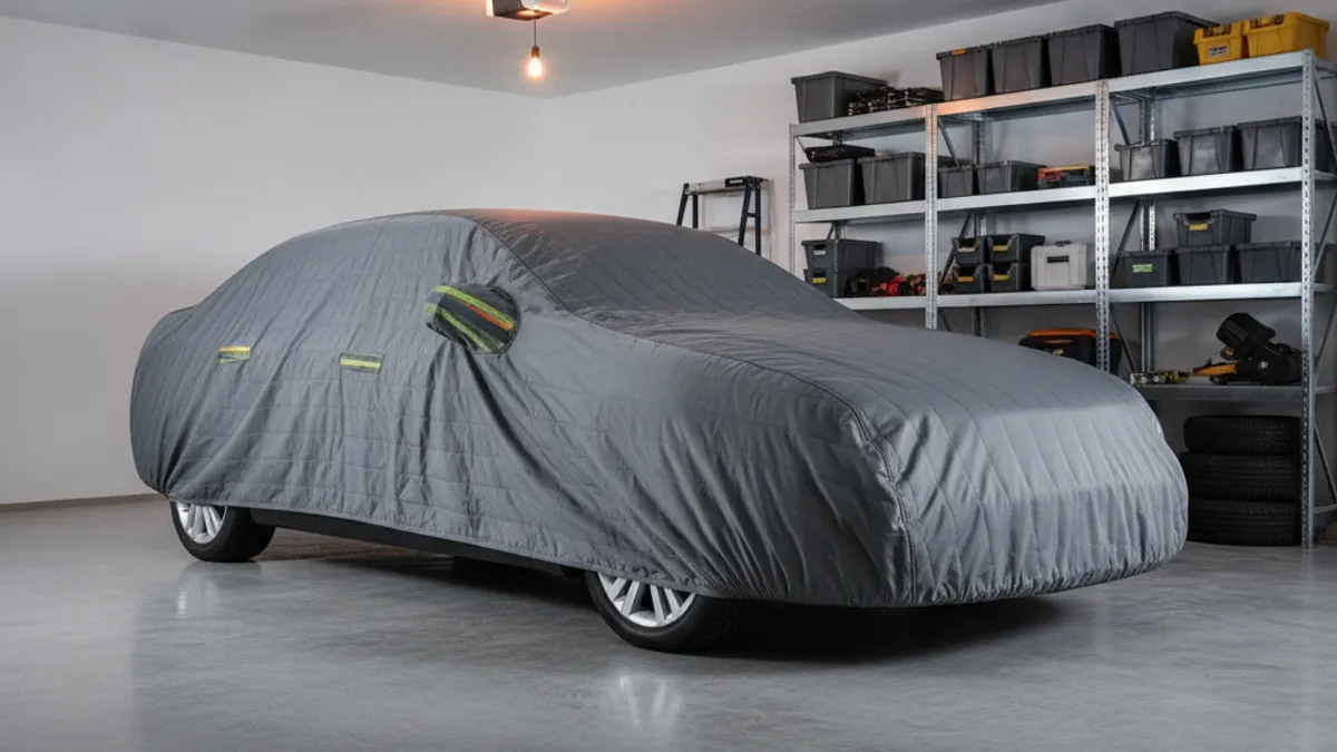 Automobil pokriven debelom sivom zaštitnom ceradom u zatvorenom garažnom prostoru