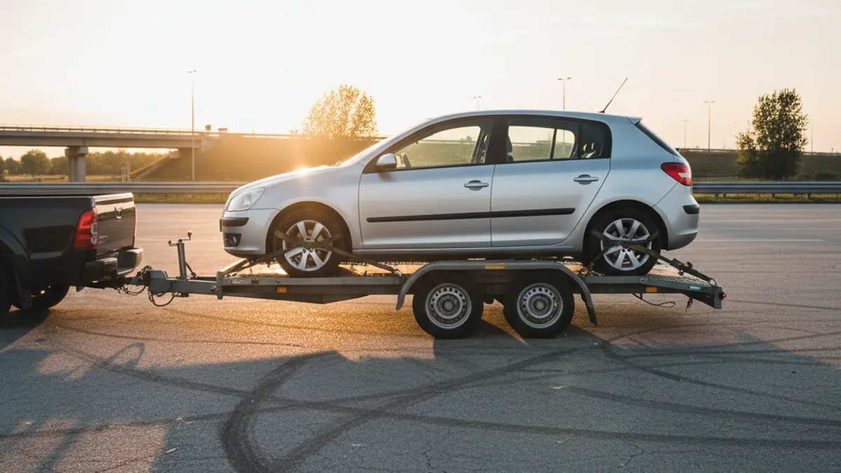 Auto pričvršćen na otvorenoj transportnoj prikolici u zalazak sunca - dolazak uvezenog vozila iz EU u BiH