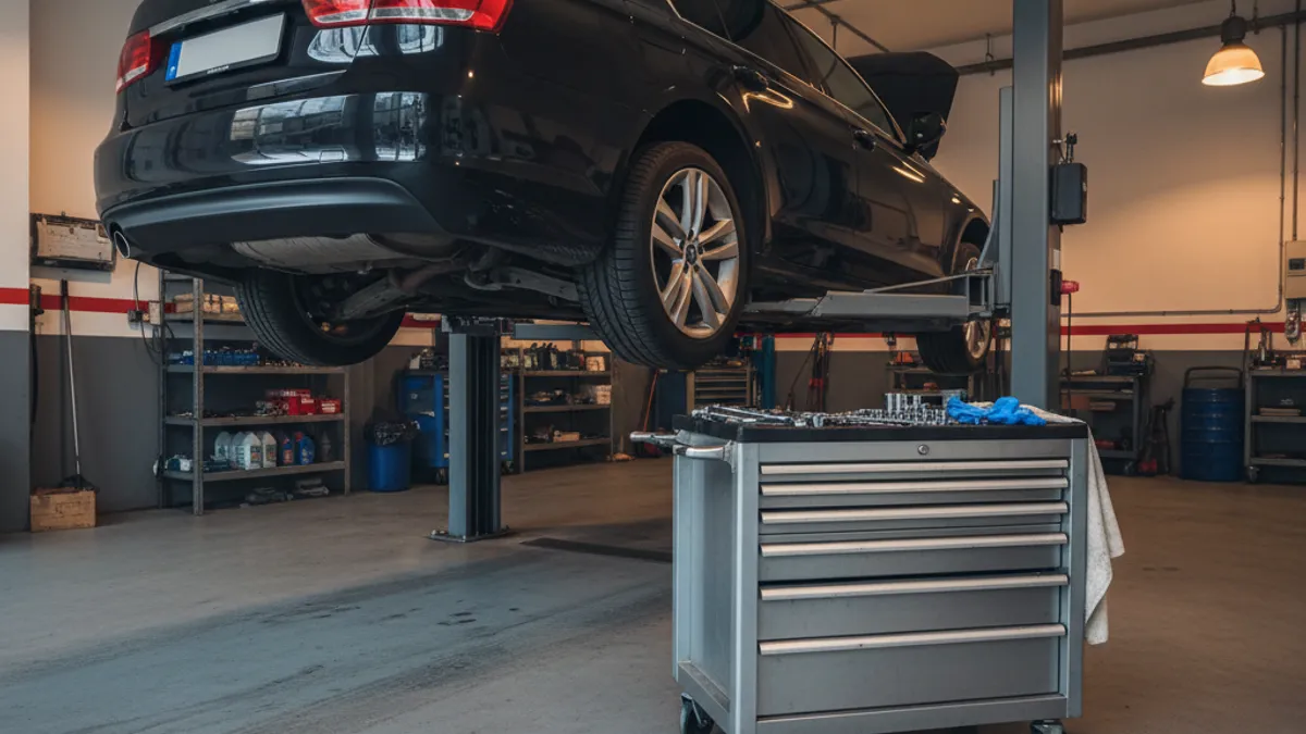 Auto na hidrauličnoj rampi u modernoj radionici, jutarnje pregledanje uvezenog vozila iz EU - mjenjač, ovjes, ispuh