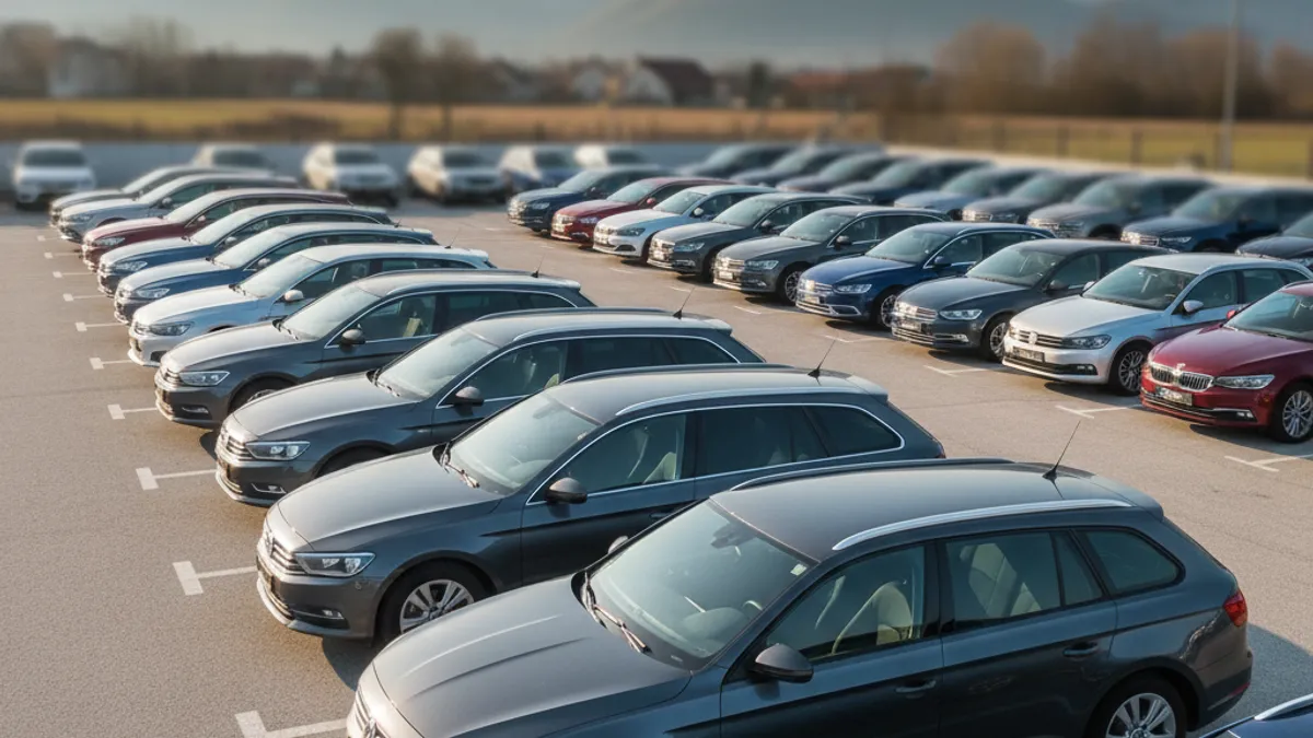 Red polovnih evropskih automobila na slovenskom prodajnom mjestu, mješavina karavana, limuzina i džipova u srebrnoj, tamno plavoj i grafit boji