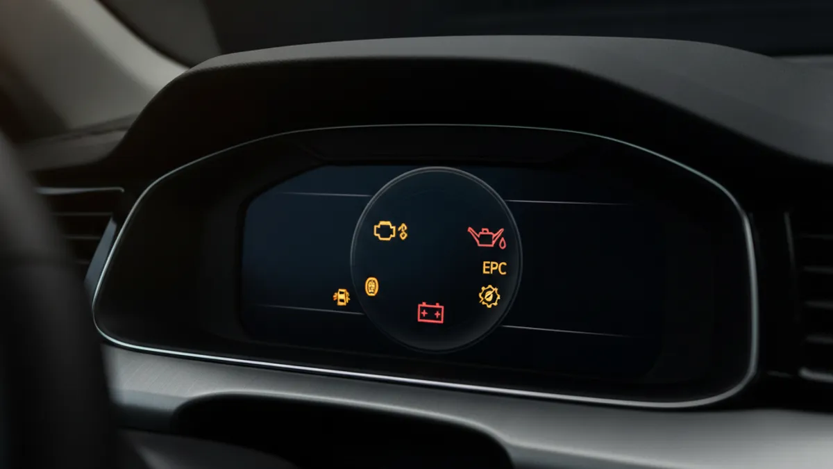 Instrument tabla modernog automobila sa upaljenim kontrolnim lampicama u žutoj i crvenoj boji, fokus na EPC i check engine indikatore