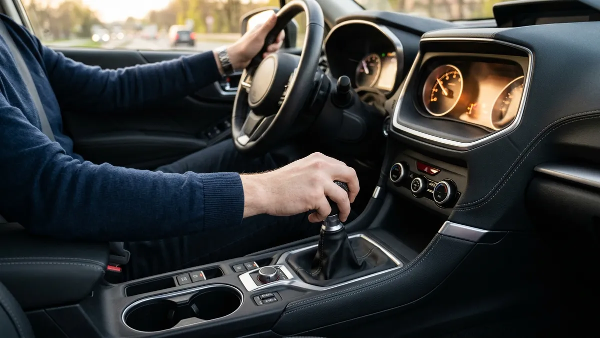 Ruka vozača na ručnom mjenjaču u kabini automobila, prebacivanje na niži stepen