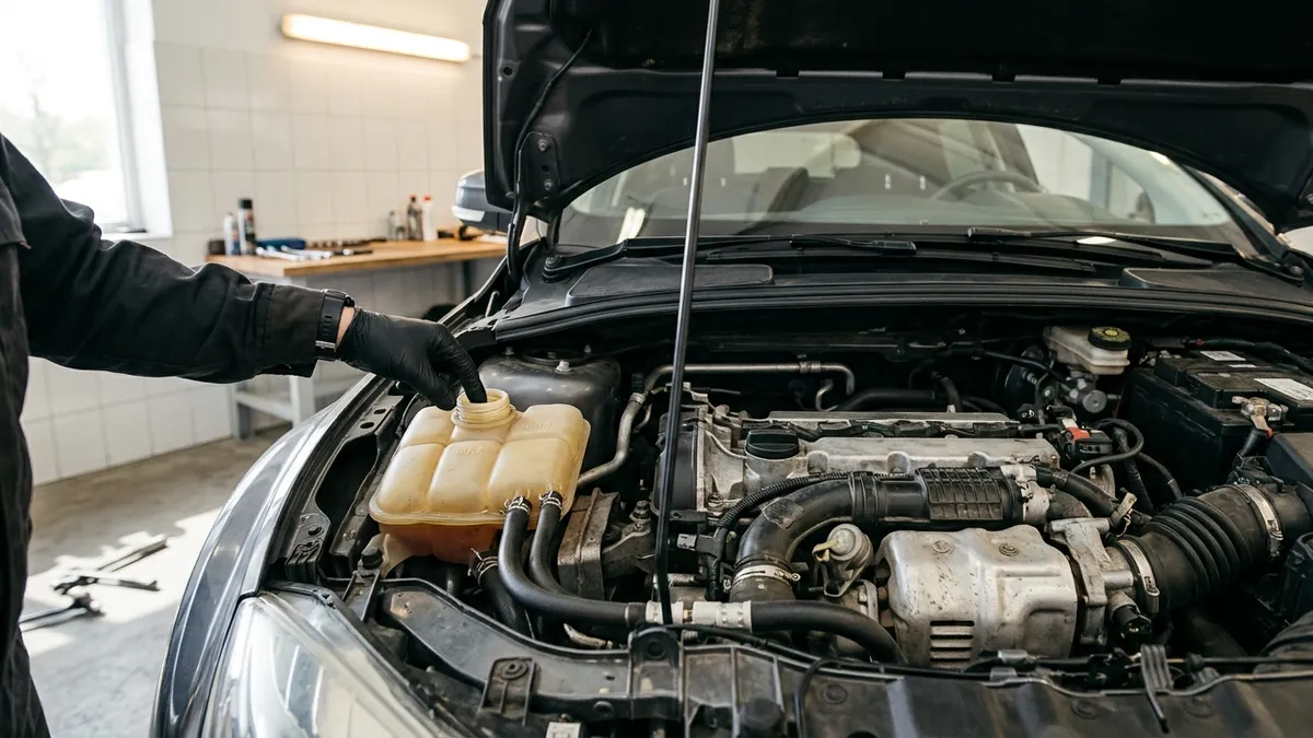 Mehaničar provjerava nivo rashladne tečnosti u ekspanzionoj posudi pod haubom automobila u radionici