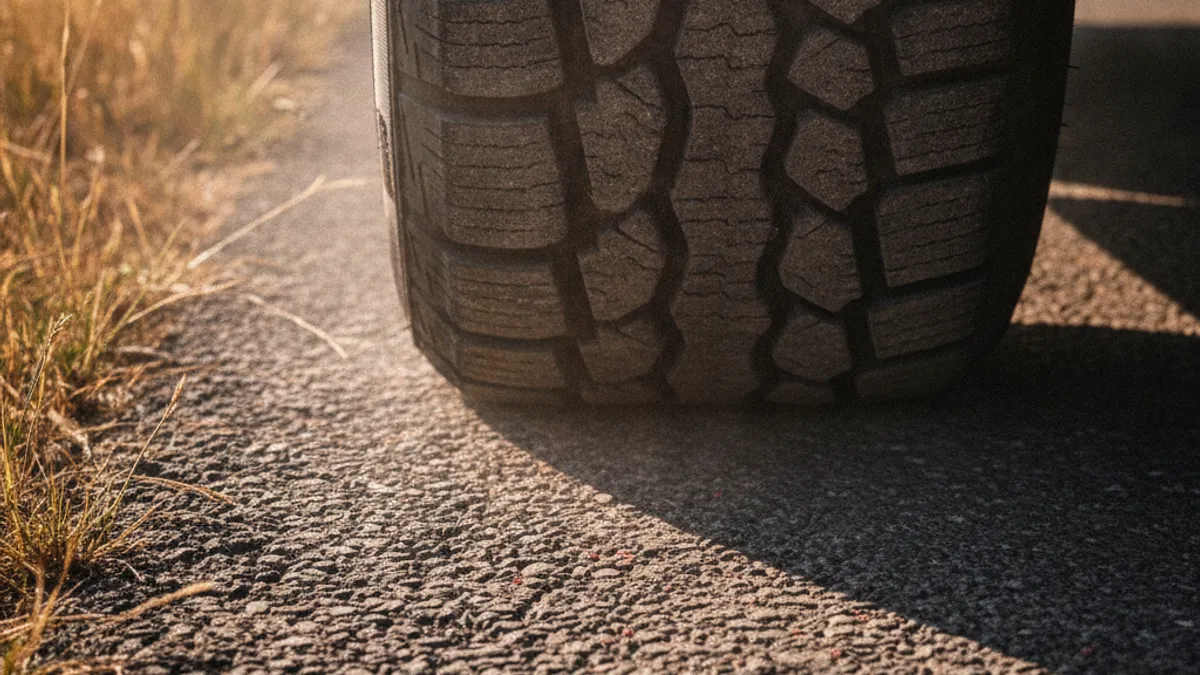 Automobilska guma na vrućem ljetnom asfaltu sa vidljivim toplotnim treperenjem