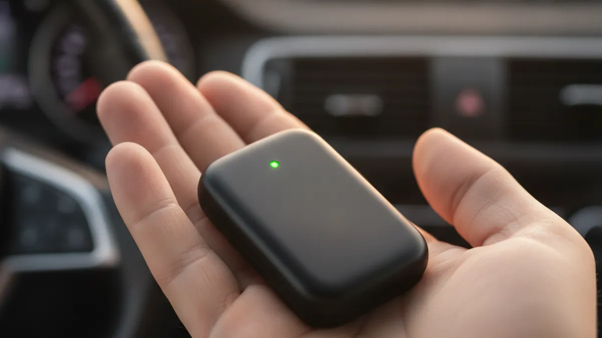 GPS-трекер для автомобиля в руке, с салоном автомобиля на заднем плане