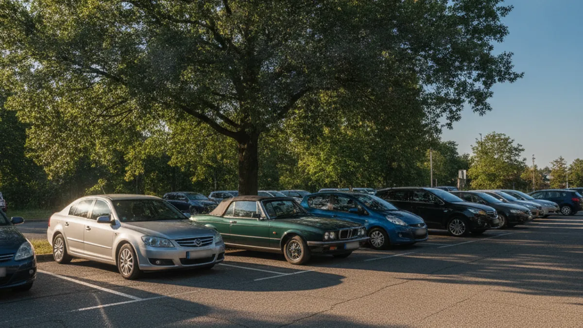 Parking sa autima na suncu i jednim autom u hladu ispod drveta, jasna razlika u izloženosti sunčevoj toploti