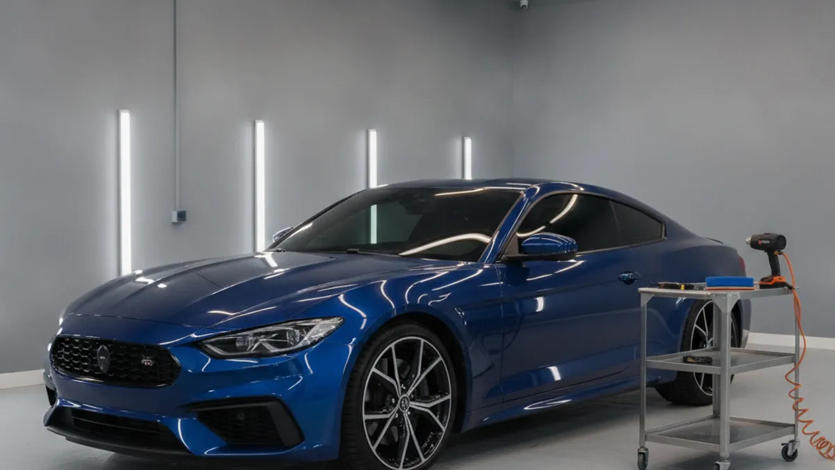 Automobil sa svježe zatamnjenim staklima u radionici, spreman za predaju vlasniku
